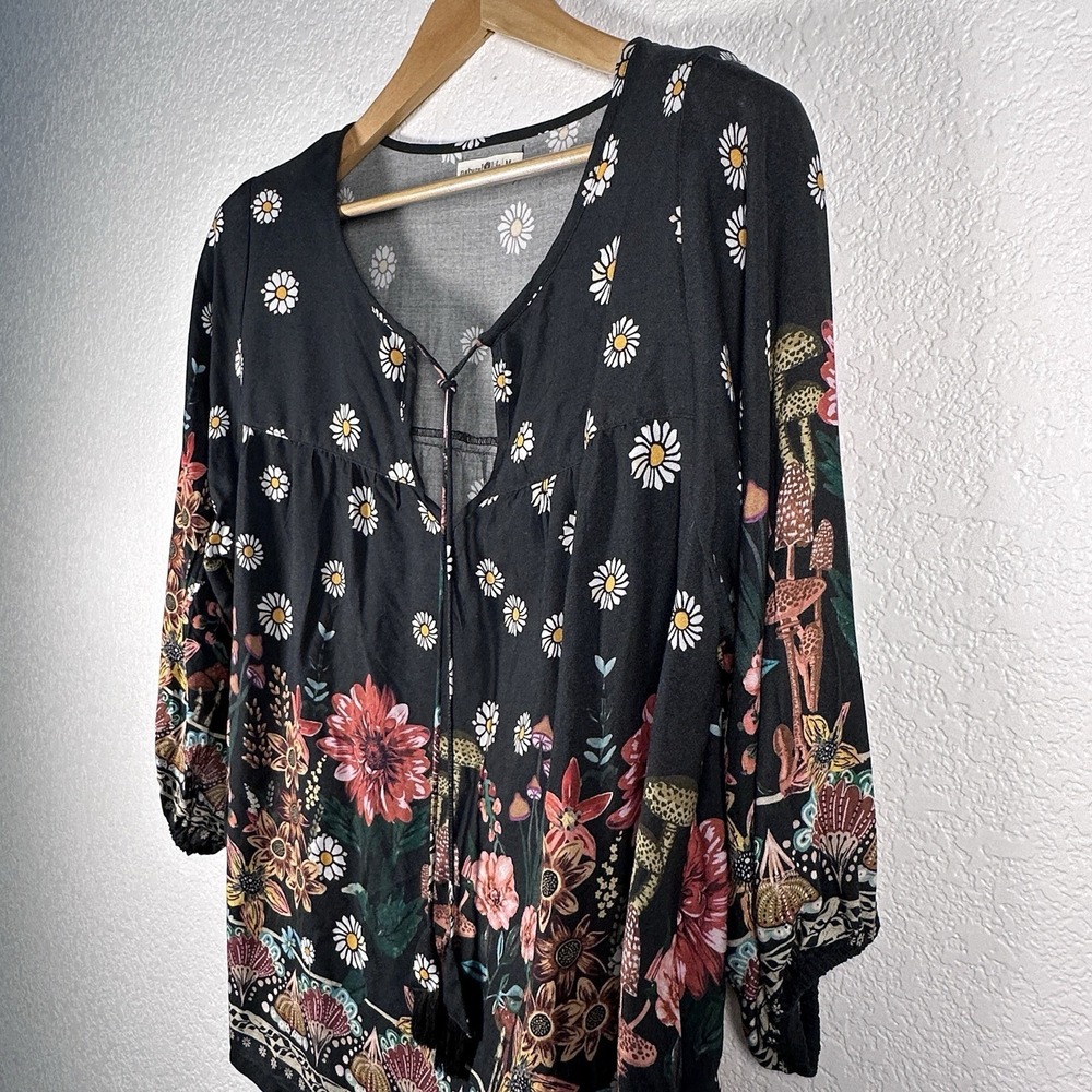 Natural Life Boho Peasant Blouse Floral Daisy Tassel Tie Babydoll Tunic Top Med